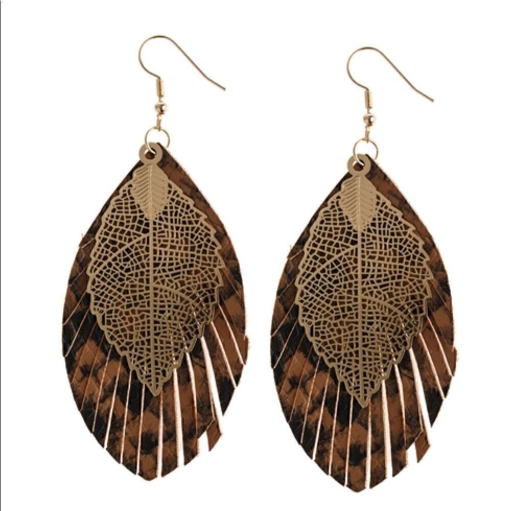 Adorable brown fringed vegan leather earrings
